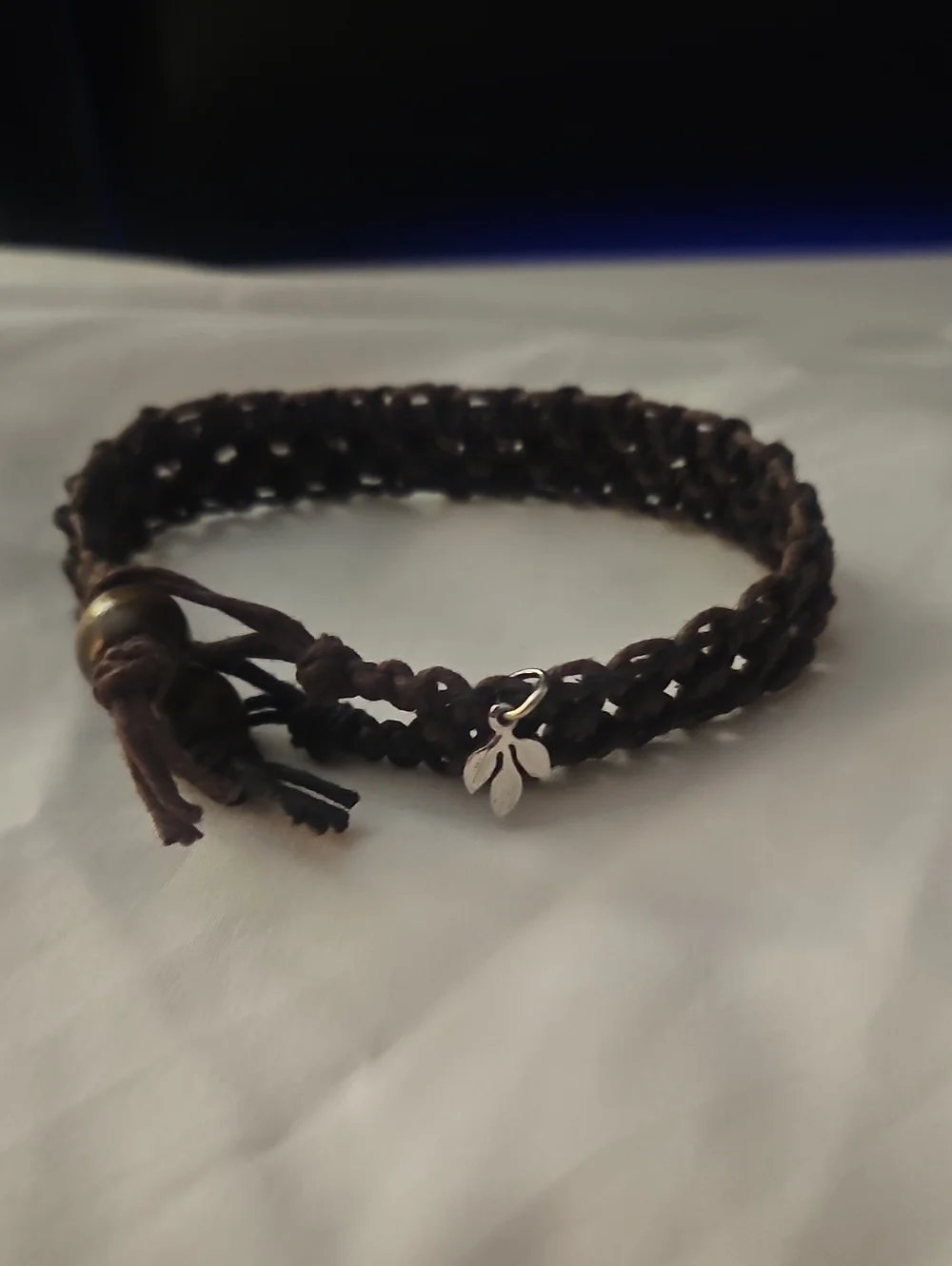 Handwoven Brown Hemp Bracelet with Leaf Charm